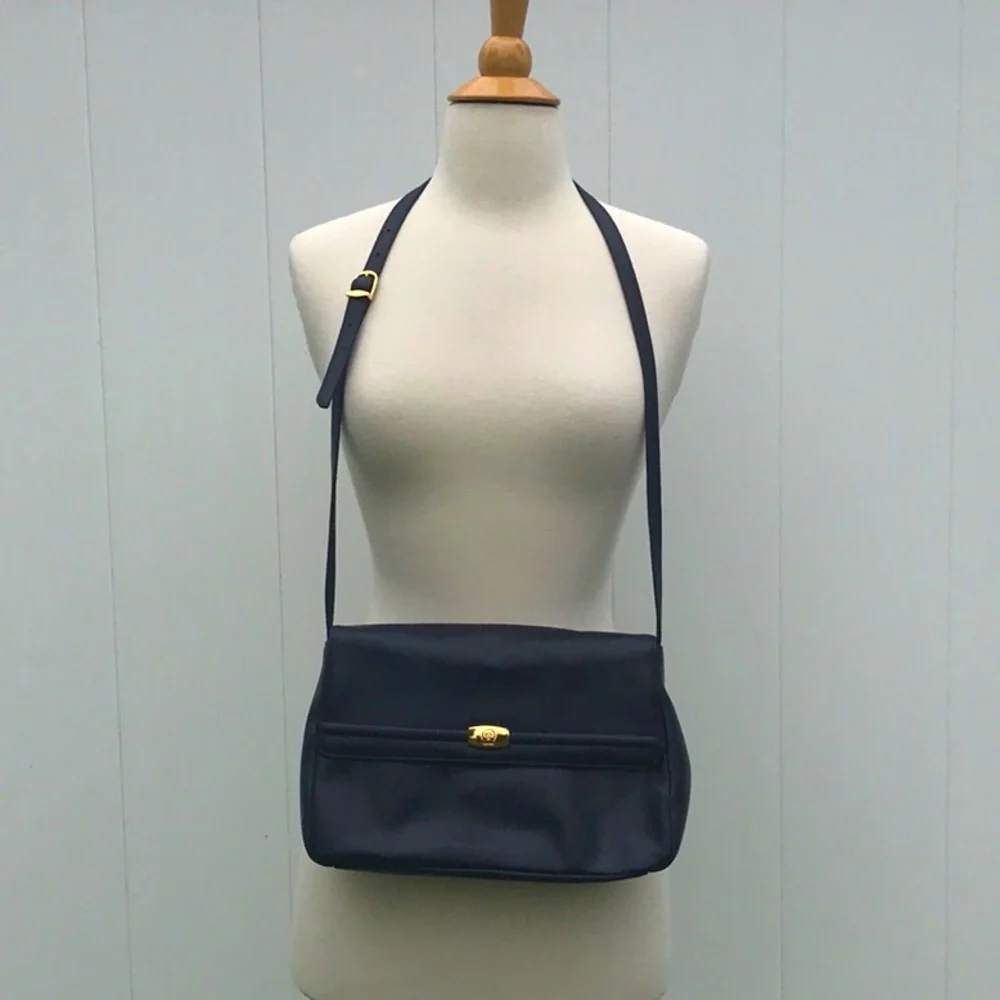Vintage Etienne Aigner Leather Navy Blue Shoulder Bag with Gold Accents - Picture 2 of 16